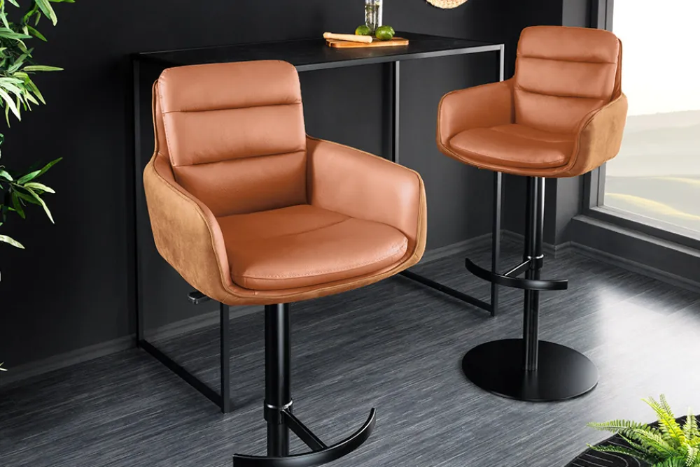 Riess-Ambiente Barhocker > Drehbarer Design Barhocker BIG GEORGE cognac Echtleder höhenverstellbar mit Armlehnen