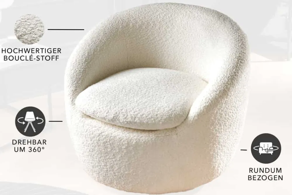 Riess-Ambiente Skandinavisch|Sessel > Drehbarer Design Sessel ALPINE beige Bouclé 360° mit Armlehnen