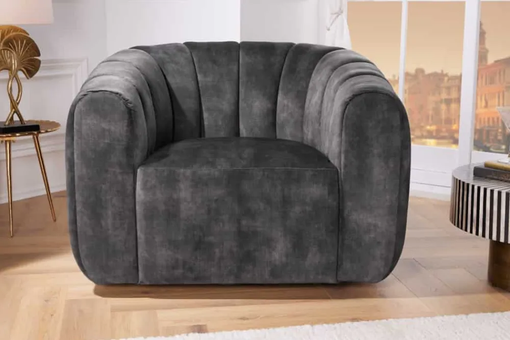 Riess-Ambiente Sessel|Retro Möbel > Drehbarer Design Sessel BABYLON dunkelgrau Samt Lounge Cocktailsessel