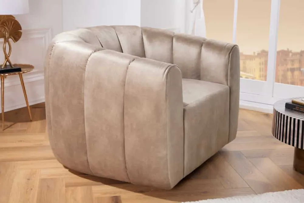 Riess-Ambiente Sessel|Retro Möbel > Drehbarer Design Sessel BABYLON champagner Samt Lounge Cocktailsessel