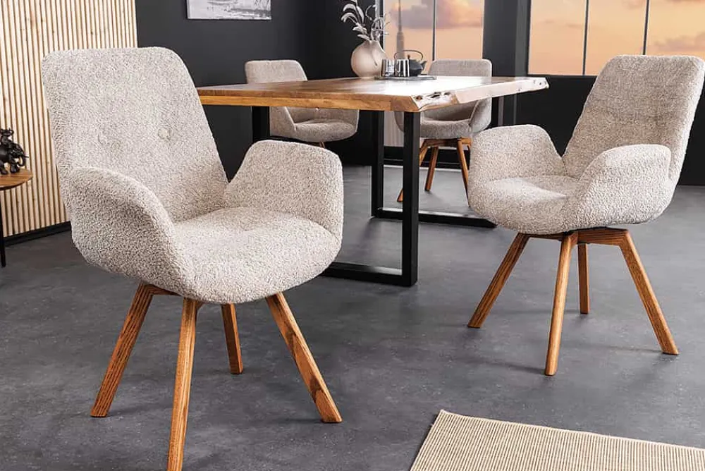 Riess-Ambiente Skandinavisch|Retro Möbel > Drehbarer Design Stuhl BALTIC beige Bouclé natur Eiche Massivholz-Beine mit Armlehne