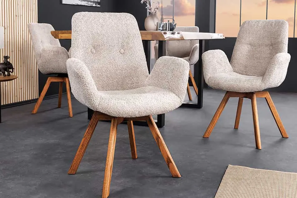Riess-Ambiente Skandinavisch|Retro Möbel > Drehbarer Design Stuhl BALTIC beige Bouclé natur Eiche Massivholz-Beine mit Armlehne
