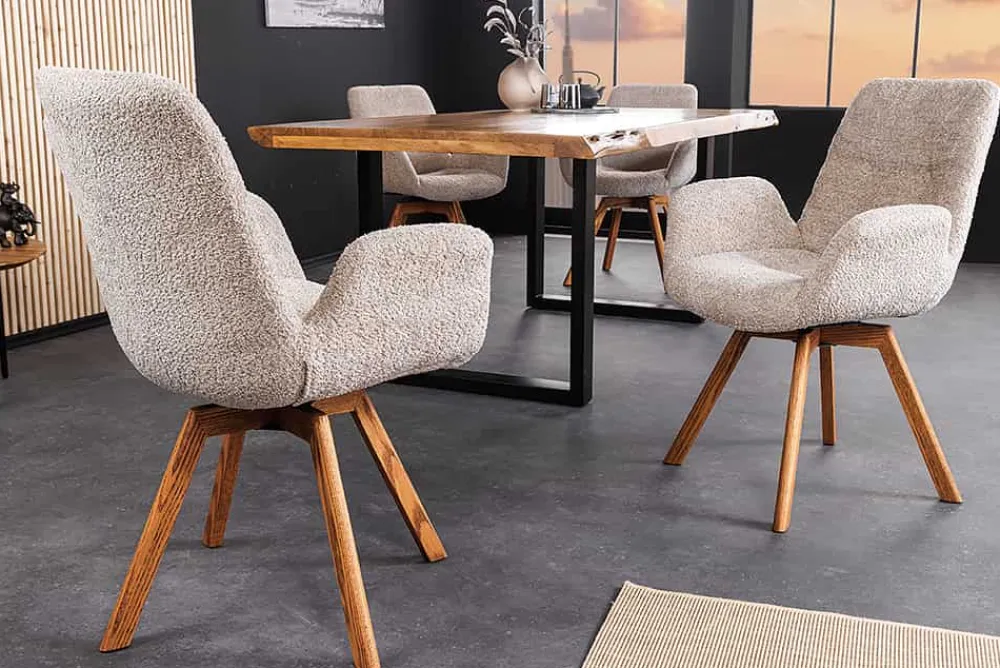 Riess-Ambiente Skandinavisch|Retro Möbel > Drehbarer Design Stuhl BALTIC beige Bouclé natur Eiche Massivholz-Beine mit Armlehne