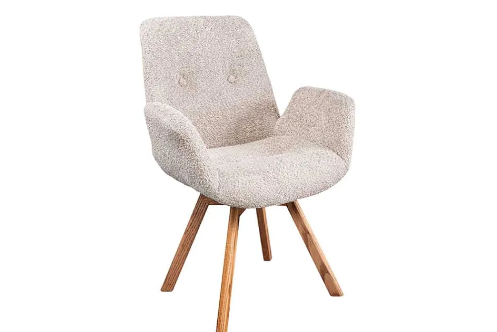 Riess-Ambiente Skandinavisch|Retro Möbel > Drehbarer Design Stuhl BALTIC beige Bouclé natur Eiche Massivholz-Beine mit Armlehne
