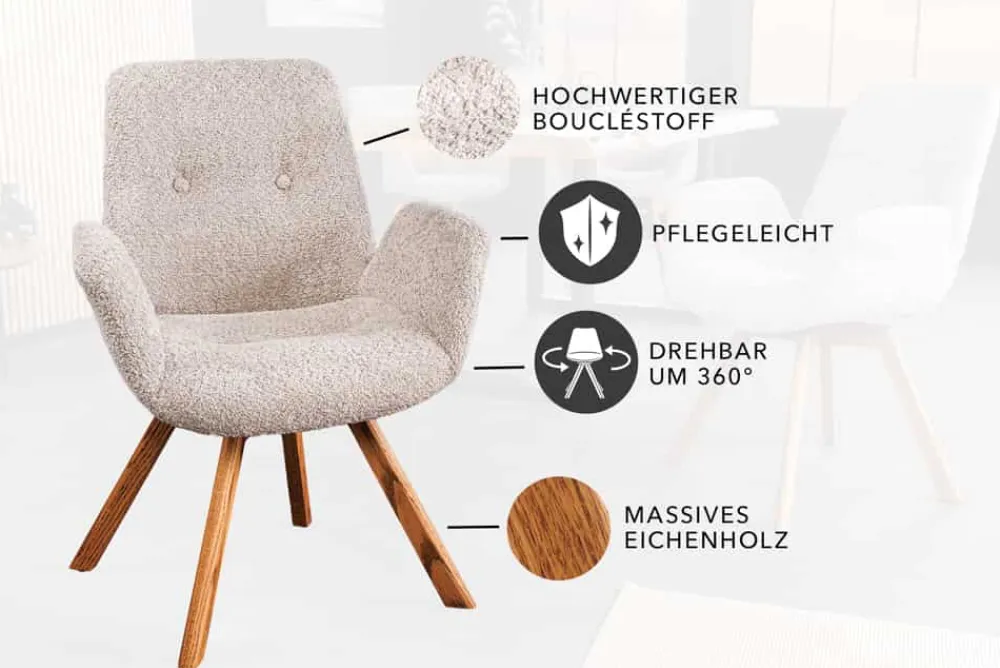 Riess-Ambiente Skandinavisch|Retro Möbel > Drehbarer Design Stuhl BALTIC beige Bouclé natur Eiche Massivholz-Beine mit Armlehne