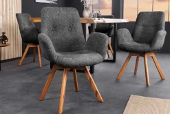 Riess-Ambiente Skandinavisch|Retro Möbel > Drehbarer Design Stuhl BALTIC dunkelgrau Bouclé natur Eiche Massivholz mit Armlehne