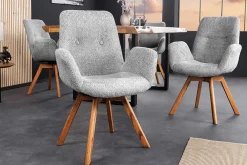 Riess-Ambiente Skandinavisch|Retro Möbel > Drehbarer Design Stuhl BALTIC grau Bouclé natur Eiche Massivholz-Beine mit Armlehne