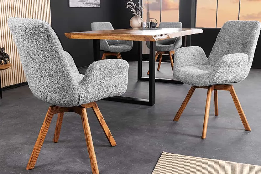 Riess-Ambiente Skandinavisch|Retro Möbel > Drehbarer Design Stuhl BALTIC grau Bouclé natur Eiche Massivholz-Beine mit Armlehne