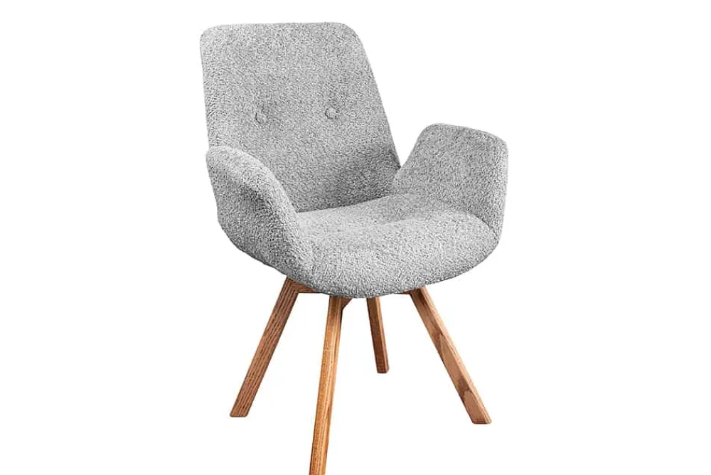 Riess-Ambiente Skandinavisch|Retro Möbel > Drehbarer Design Stuhl BALTIC grau Bouclé natur Eiche Massivholz-Beine mit Armlehne