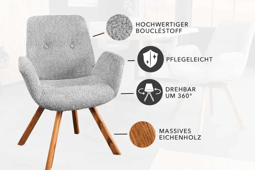 Riess-Ambiente Skandinavisch|Retro Möbel > Drehbarer Design Stuhl BALTIC grau Bouclé natur Eiche Massivholz-Beine mit Armlehne