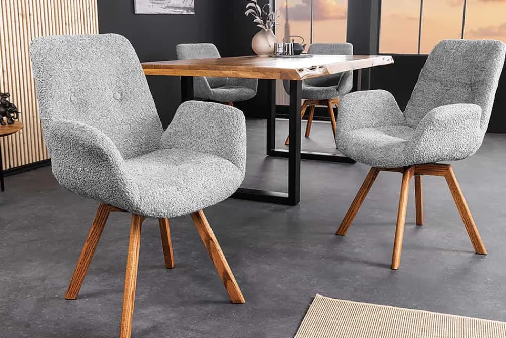 Riess-Ambiente Skandinavisch|Retro Möbel > Drehbarer Design Stuhl BALTIC grau Bouclé natur Eiche Massivholz-Beine mit Armlehne