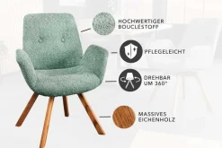 Riess-Ambiente Skandinavisch|Retro Möbel > Drehbarer Design Stuhl BALTIC mint Bouclé natur Eiche Massivholz-Beine mit Armlehne
