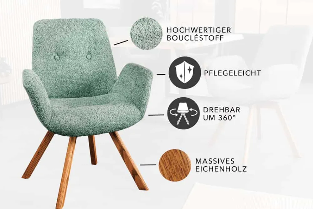 Riess-Ambiente Skandinavisch|Retro Möbel > Drehbarer Design Stuhl BALTIC mint Bouclé natur Eiche Massivholz-Beine mit Armlehne