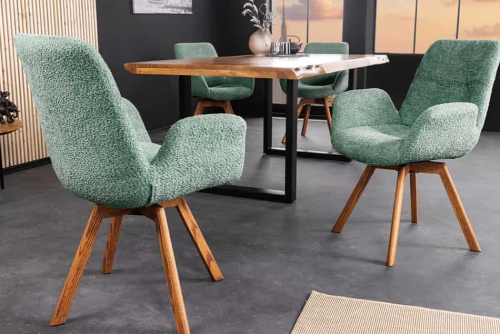 Riess-Ambiente Skandinavisch|Retro Möbel > Drehbarer Design Stuhl BALTIC mint Bouclé natur Eiche Massivholz-Beine mit Armlehne