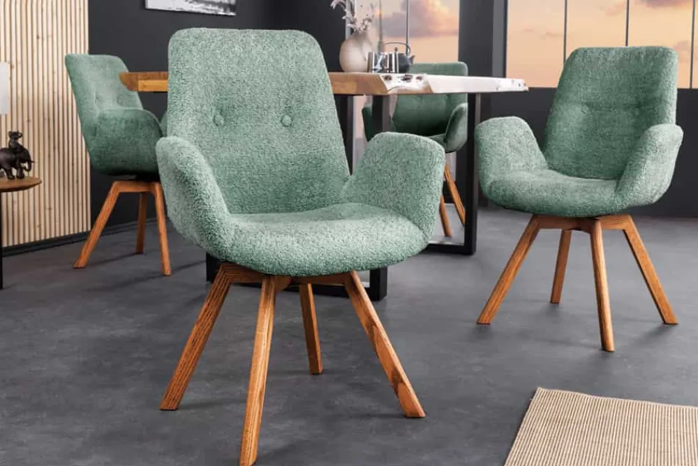 Riess-Ambiente Skandinavisch|Retro Möbel > Drehbarer Design Stuhl BALTIC mint Bouclé natur Eiche Massivholz-Beine mit Armlehne