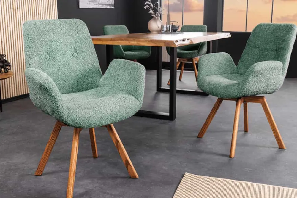 Riess-Ambiente Skandinavisch|Retro Möbel > Drehbarer Design Stuhl BALTIC mint Bouclé natur Eiche Massivholz-Beine mit Armlehne
