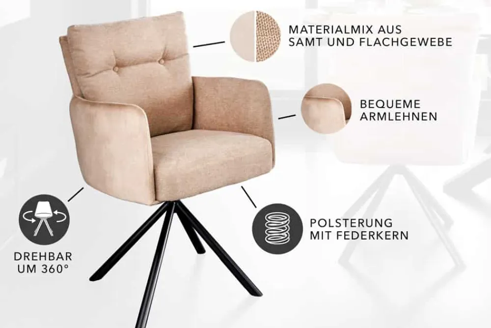 Riess-Ambiente Retro Möbel|Industrial Loft > Drehbarer Design Stuhl BIG GEORGE champagner beige Samt Taschenfederkern Strukturstoff