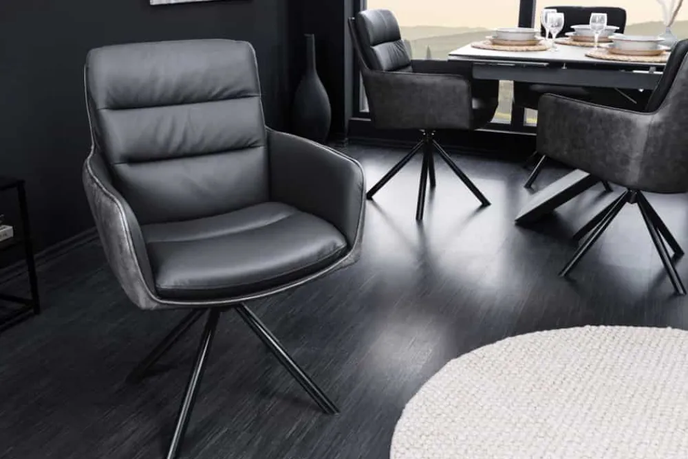 Riess-Ambiente Retro Möbel|Stühle > Drehbarer Design Stuhl BIG GEORGE schwarz anthrazit Echtleder Microfaser mit Armlehnen