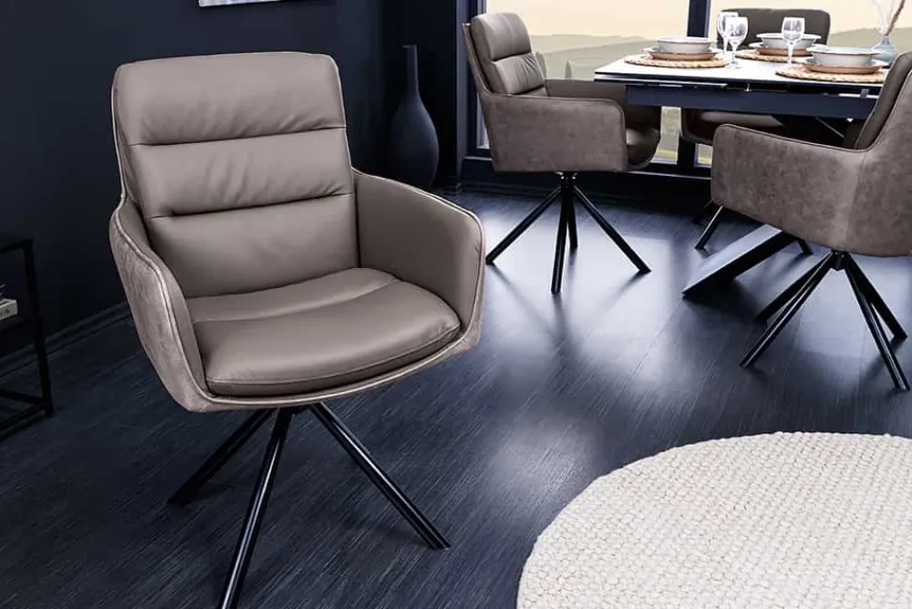 Riess-Ambiente Retro Möbel|Stühle > Drehbarer Design Stuhl BIG GEORGE taupe Echtleder Microfaser mit Armlehne Retro