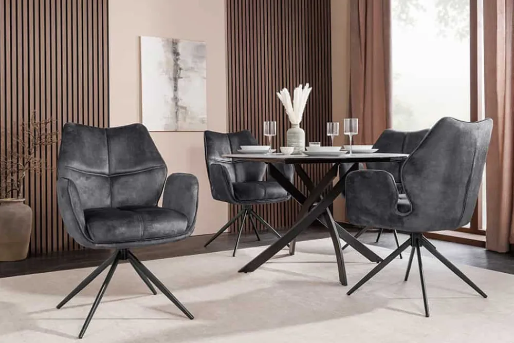 Riess-Ambiente Stühle|Samt Möbel > Drehbarer Design Stuhl CONCORD dunkelgrau Samt Taschenfederkern Metallgestell schwarz