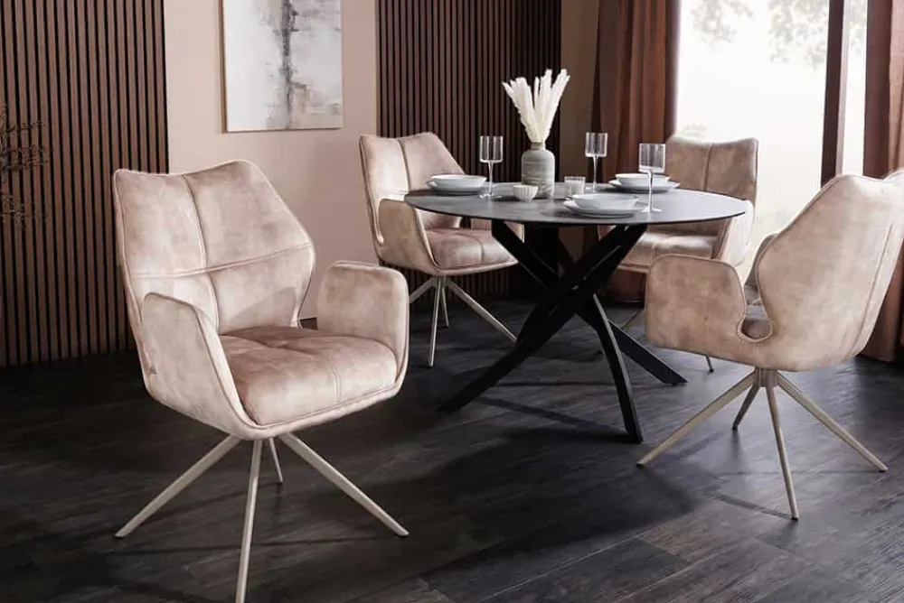 Riess-Ambiente Stühle|Samt Möbel > Drehbarer Design Stuhl CONCORD champagner greige Samt Taschenfederkern Metallgestell greige