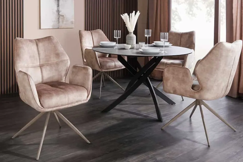 Riess-Ambiente Stühle|Samt Möbel > Drehbarer Design Stuhl CONCORD champagner greige Samt Taschenfederkern Metallgestell greige
