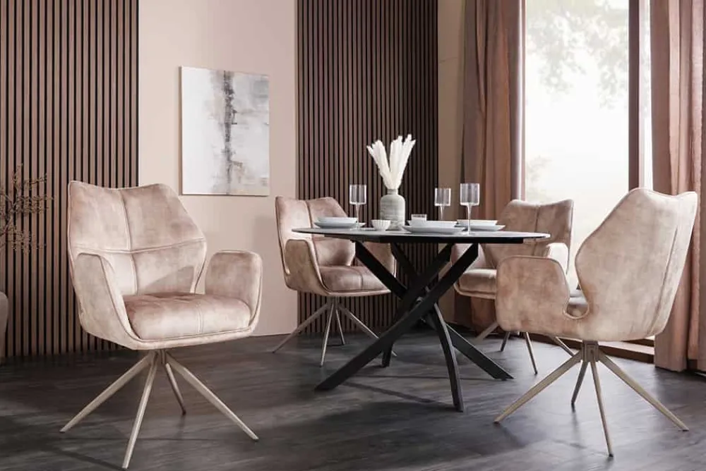 Riess-Ambiente Stühle|Samt Möbel > Drehbarer Design Stuhl CONCORD champagner greige Samt Taschenfederkern Metallgestell greige