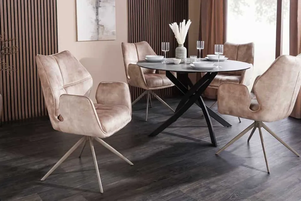 Riess-Ambiente Stühle|Samt Möbel > Drehbarer Design Stuhl CONCORD champagner greige Samt Taschenfederkern Metallgestell greige