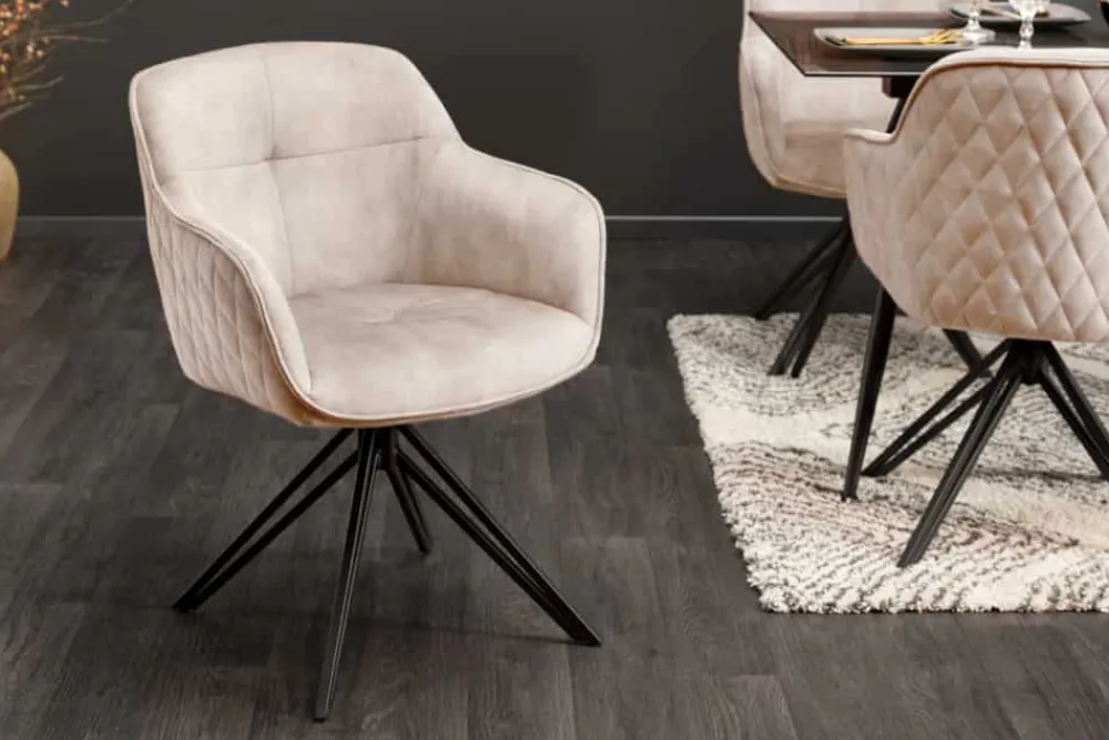 Riess-Ambiente Retro Möbel|Stühle > Drehbarer Design Stuhl EUPHORIA champagner greige Samt mit Armlehne Metallgestell schwarz