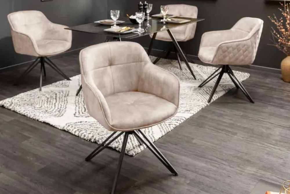 Riess-Ambiente Retro Möbel|Stühle > Drehbarer Design Stuhl EUPHORIA champagner greige Samt mit Armlehne Metallgestell schwarz