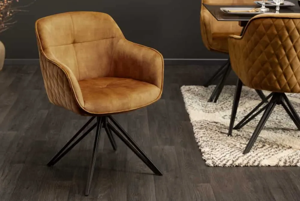Riess-Ambiente Retro Möbel|Stühle > Drehbarer Design Stuhl EUPHORIA senfgelb Samt mit Armlehne Metallgestell schwarz