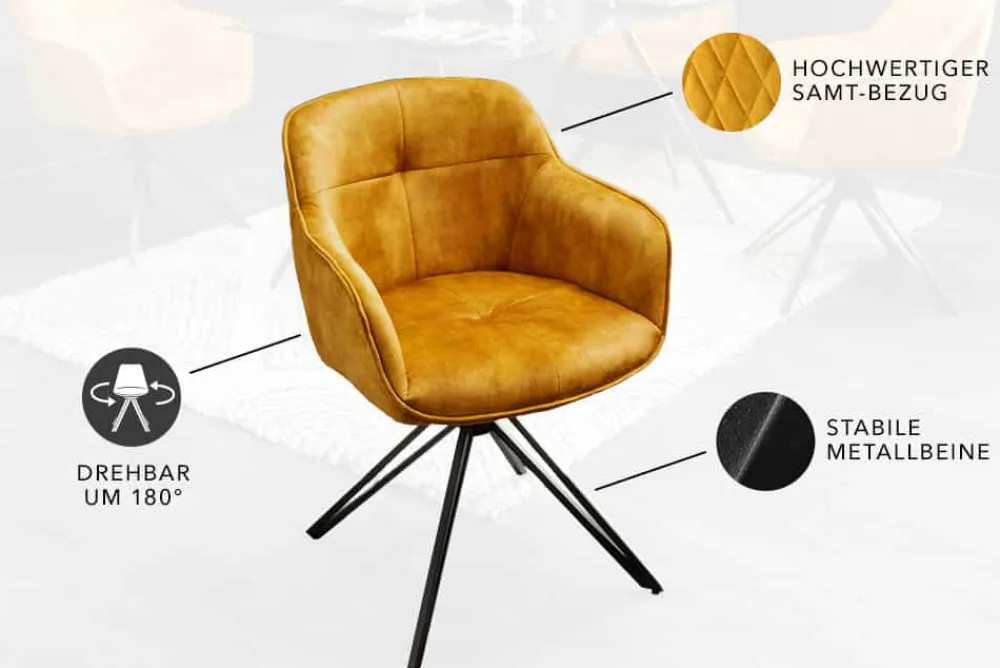 Riess-Ambiente Retro Möbel|Stühle > Drehbarer Design Stuhl EUPHORIA senfgelb Samt mit Armlehne Metallgestell schwarz
