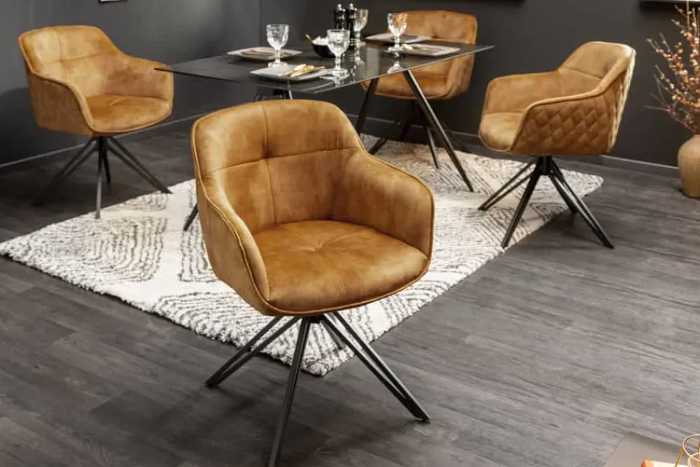 Riess-Ambiente Retro Möbel|Stühle > Drehbarer Design Stuhl EUPHORIA senfgelb Samt mit Armlehne Metallgestell schwarz