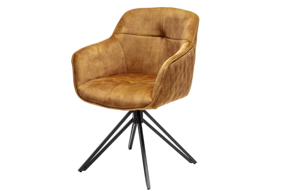 Riess-Ambiente Retro Möbel|Stühle > Drehbarer Design Stuhl EUPHORIA senfgelb Samt mit Armlehne Metallgestell schwarz