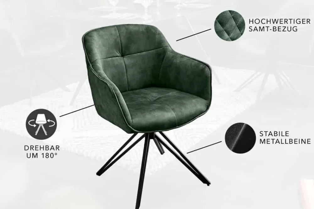 Riess-Ambiente Retro Möbel|Stühle > Drehbarer Design Stuhl EUPHORIA dunkelgrün Samt mit Armlehne Metallgestell schwarz
