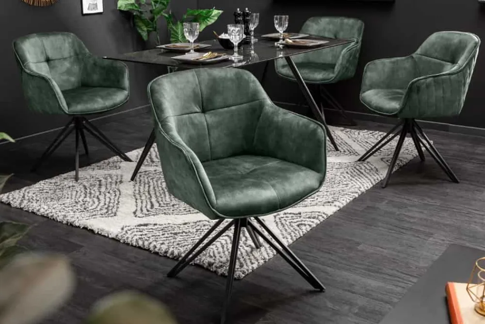 Riess-Ambiente Retro Möbel|Stühle > Drehbarer Design Stuhl EUPHORIA dunkelgrün Samt mit Armlehne Metallgestell schwarz