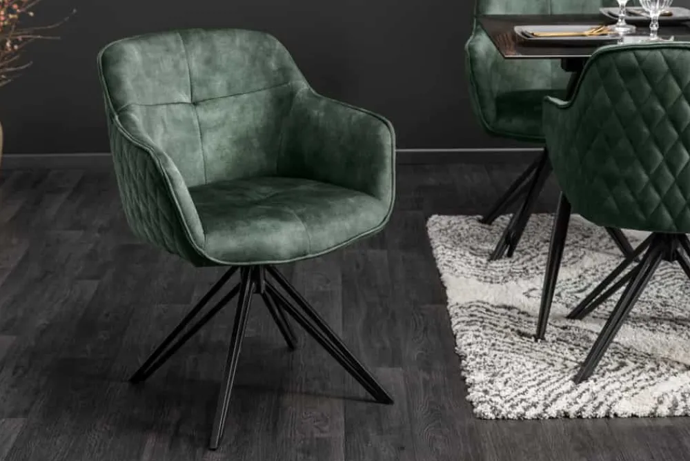 Riess-Ambiente Retro Möbel|Stühle > Drehbarer Design Stuhl EUPHORIA dunkelgrün Samt mit Armlehne Metallgestell schwarz