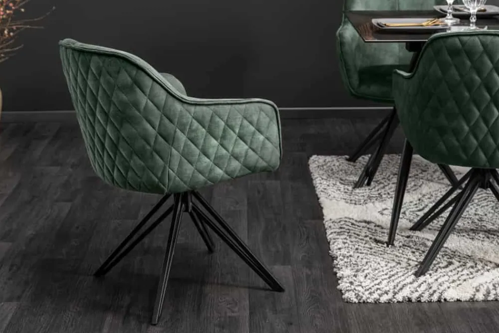 Riess-Ambiente Retro Möbel|Stühle > Drehbarer Design Stuhl EUPHORIA dunkelgrün Samt mit Armlehne Metallgestell schwarz