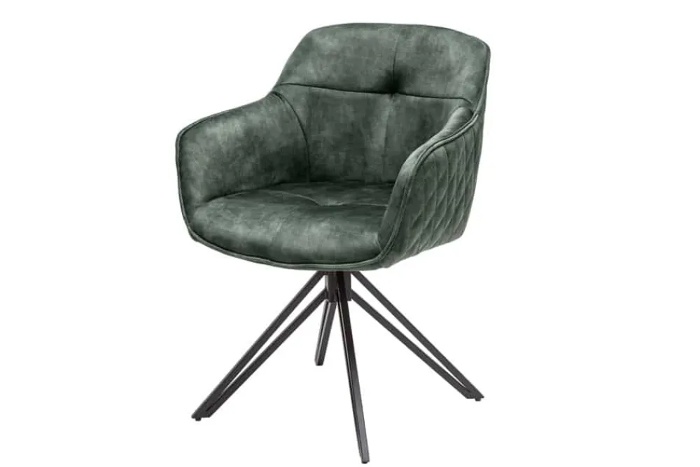 Riess-Ambiente Retro Möbel|Stühle > Drehbarer Design Stuhl EUPHORIA dunkelgrün Samt mit Armlehne Metallgestell schwarz