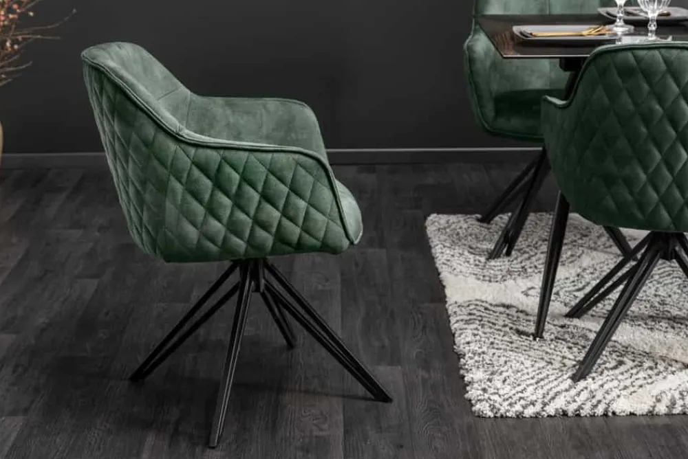 Riess-Ambiente Retro Möbel|Stühle > Drehbarer Design Stuhl EUPHORIA dunkelgrün Samt mit Armlehne Metallgestell schwarz