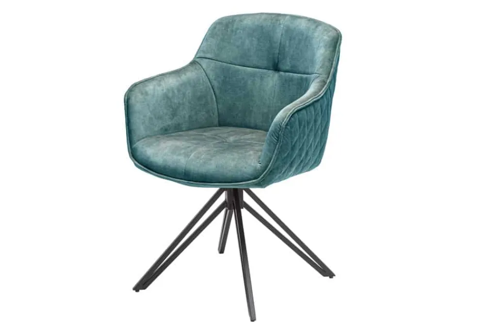 Riess-Ambiente Retro Möbel|Stühle > Drehbarer Design Stuhl EUPHORIA petrol Samt mit Armlehne Metallgestell schwarz