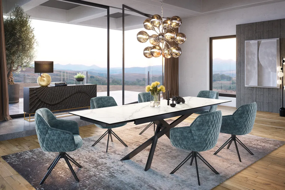 Riess-Ambiente Retro Möbel|Stühle > Drehbarer Design Stuhl EUPHORIA petrol Samt mit Armlehne Metallgestell schwarz