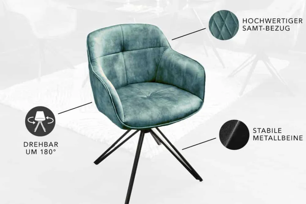Riess-Ambiente Retro Möbel|Stühle > Drehbarer Design Stuhl EUPHORIA petrol Samt mit Armlehne Metallgestell schwarz