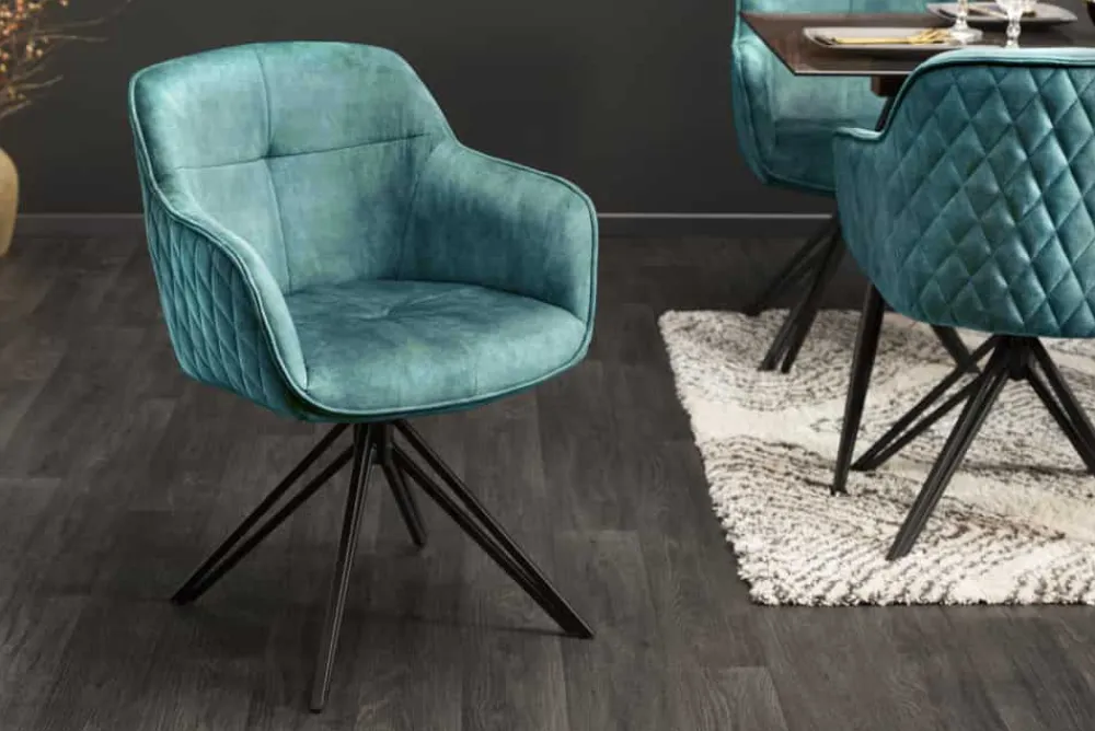 Riess-Ambiente Retro Möbel|Stühle > Drehbarer Design Stuhl EUPHORIA petrol Samt mit Armlehne Metallgestell schwarz