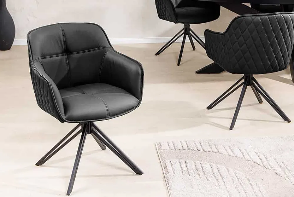 Riess-Ambiente Retro Möbel|Stühle > Drehbarer Design Stuhl EUPHORIA schwarz Echtleder Metallgestell mit Armlehne