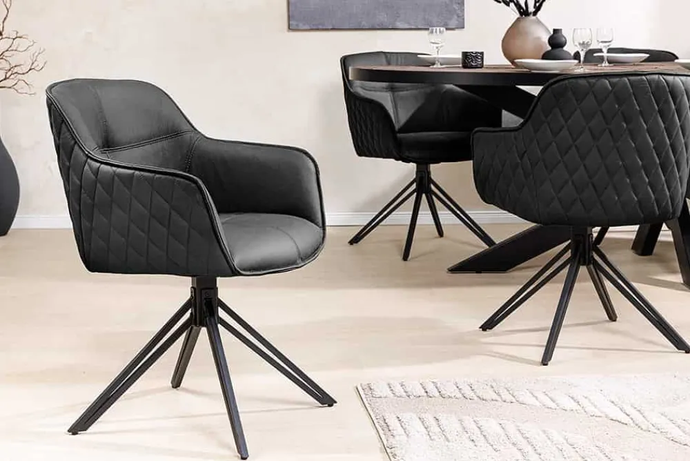 Riess-Ambiente Retro Möbel|Stühle > Drehbarer Design Stuhl EUPHORIA schwarz Echtleder Metallgestell mit Armlehne