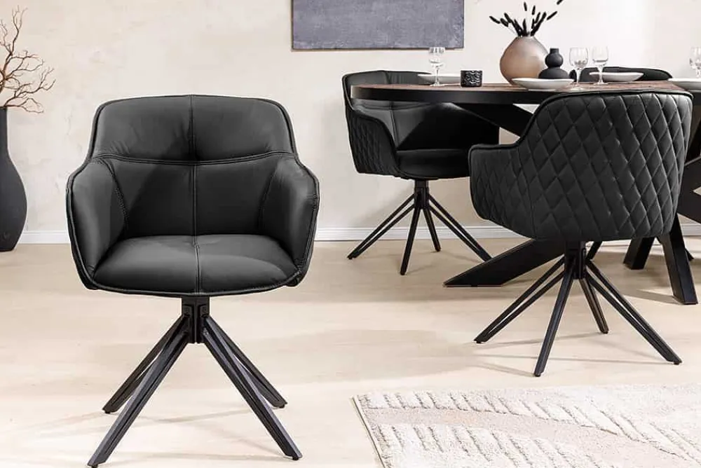 Riess-Ambiente Retro Möbel|Stühle > Drehbarer Design Stuhl EUPHORIA schwarz Echtleder Metallgestell mit Armlehne