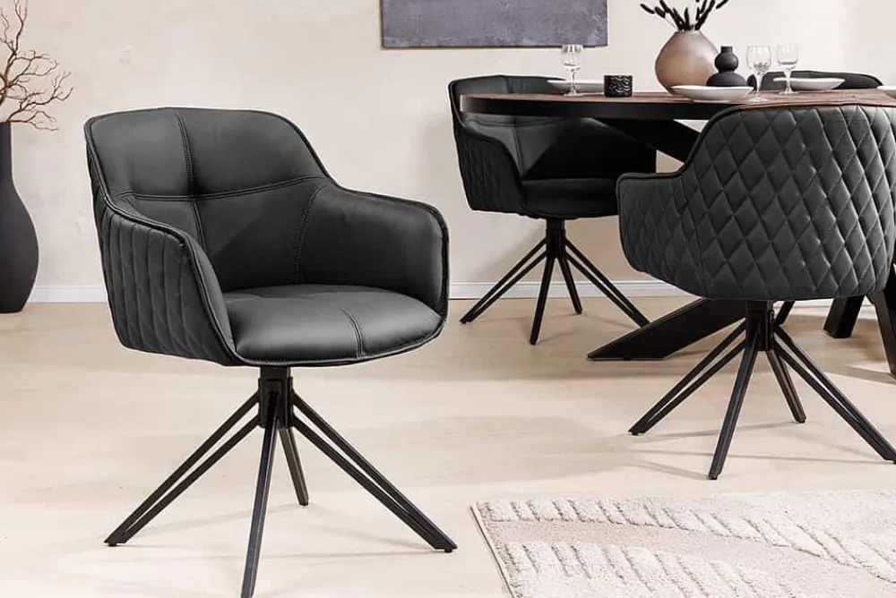 Riess-Ambiente Retro Möbel|Stühle > Drehbarer Design Stuhl EUPHORIA schwarz Echtleder Metallgestell mit Armlehne
