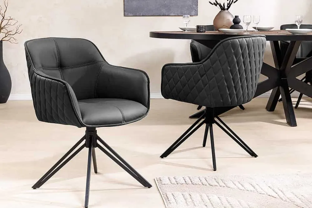 Riess-Ambiente Retro Möbel|Stühle > Drehbarer Design Stuhl EUPHORIA schwarz Echtleder Metallgestell mit Armlehne