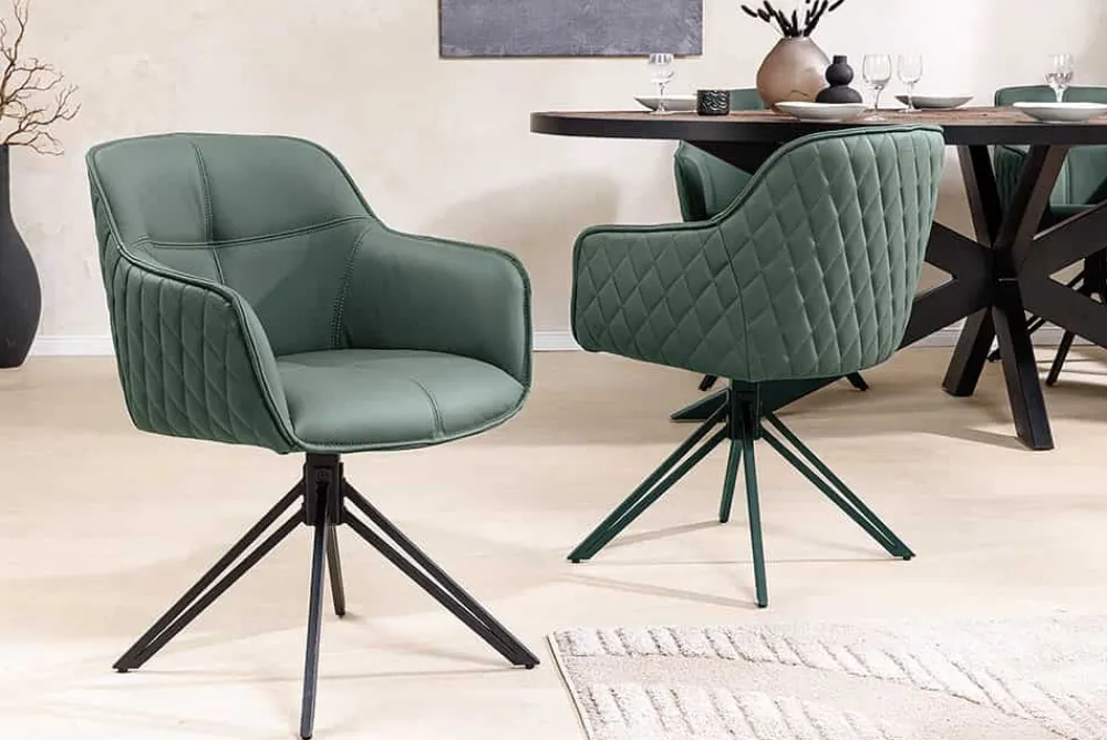 Riess-Ambiente Retro Möbel|Stühle > Drehbarer Design Stuhl EUPHORIA grün Echtleder schwarz Metallgestell mit Armlehne